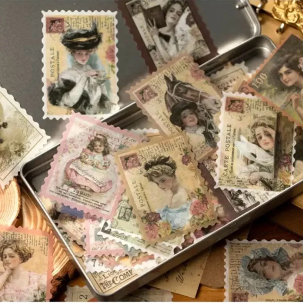 Set Of 60 pcs Vintage Style Stamp Stickers Adorable‎ Designs For DIY Scrapbooks